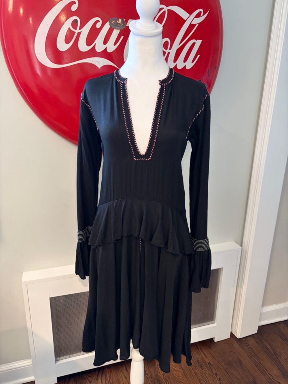Derek Lam 10 Crosby Black Tiered V Neck Ruffle Drop Waist LS Boho Dress, sz 4/S